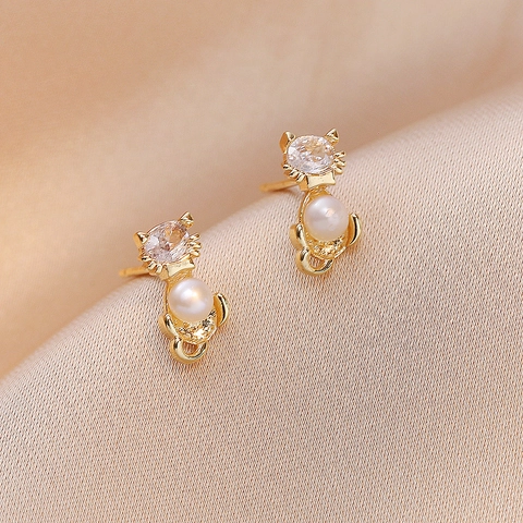 Orecchini A Lobo Gatto Carino Rame Con Perno In Argento Perla Coltivata Zircone Gioielli Di Moda Per Donna
