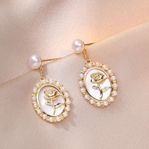 Vintage Rosen Kupfer Tropfenohrringe Mit Muschel Süßwasserperle Und Silberem Ohrstecker Für Damen Eleganter Schmuck