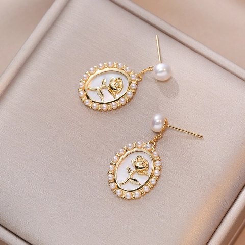Vintage Rosen Kupfer Tropfenohrringe Mit Muschel Süßwasserperle Und Silberem Ohrstecker Für Damen Eleganter Schmuck
