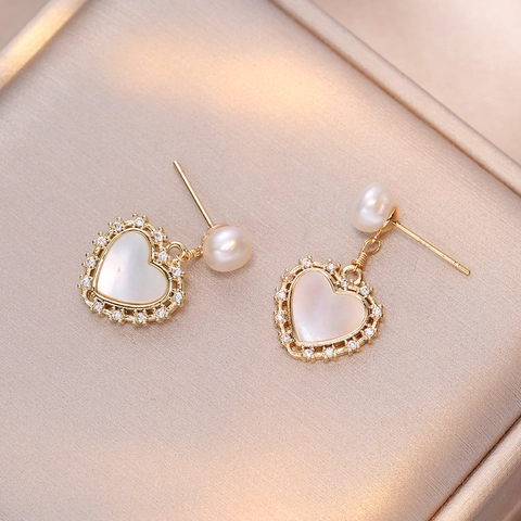 Heart Shaped Mother Of Pearl Drop Earrings With Freshwater Pearl And Silver Earring Post Zircon Rhinestone Border Jewelry For Women