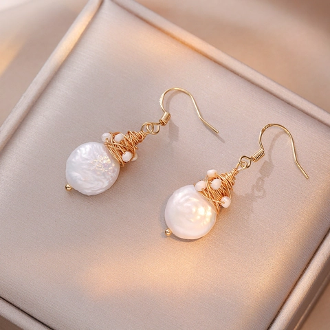 Boucles D'oreilles Pendantes En Süßwasserperles Baroques Faites Main Avec Fil De Cuivre Et Crochet En Argent 925 Rétro Femmes