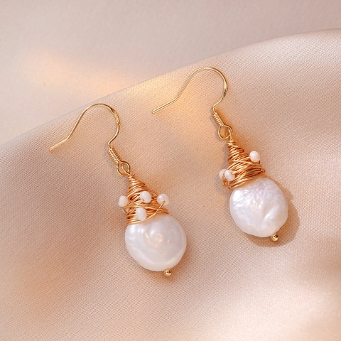 Boucles D'oreilles Pendantes En Süßwasserperles Baroques Faites Main Avec Fil De Cuivre Et Crochet En Argent 925 Rétro Femmes