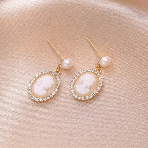 Vintage Kamee Porträt Ohrhänger Mit 925 Sterlingsilber Ohrstecker-Stift Gold Vergoldet Kupfer Süßwasserperle Schmuck Für Damen