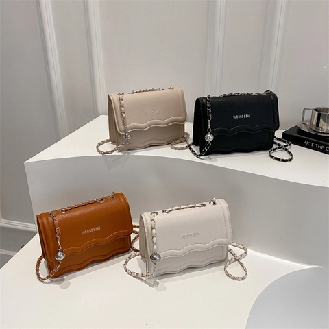 Vintage PU Leather Small Square Bag For Women Wave Edge Flap Shoulder Crossbody Bag With Metal Ball Chain Strap Solid Color Bag
