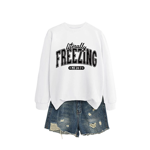 Women's Literally Freezing Letter Print Sweatshirt Casual Round Neck Long Sleeve Loose Cotton Blend Pullover Winter Top