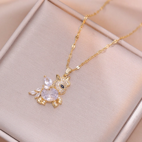 Schattige Konijn Hanger Ketting Titanium Staal Roze Wit Zirkoon Dierlijke Sieraden Voor Vrouwen Meisjes Dagelijks Accessoire Stijlvol Ontwerp