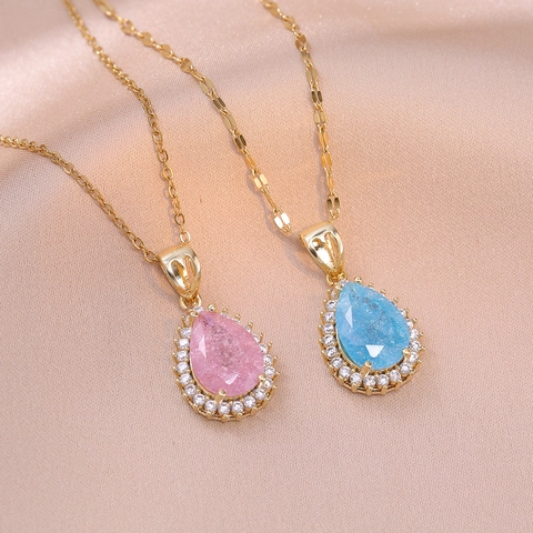 Water Drop Pendant Necklace Titanium Steel Colorful Zircon Rhinestone Inlaid Elegant Fashion Jewelry For Women