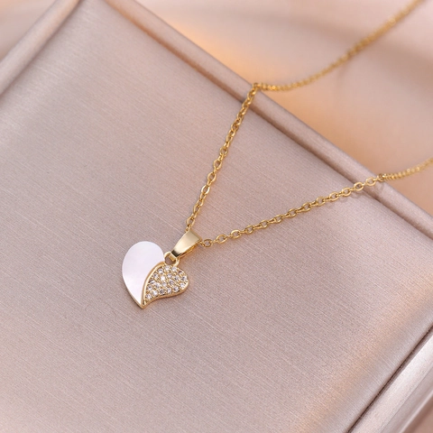Heart Pendant Necklace Stainless Steel Zircon Mother Of Artificial Pearl Clavicle Chain Fashion Jewelry Women