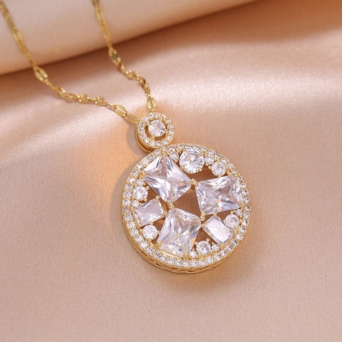 Collana Con Pendente In Zircone Geometrico Rotondo Acciaio Al Titanio Placcato Oro Gioielli Eleganti Da Donna