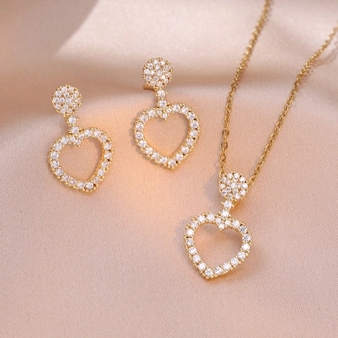 Titanium Steel Pave Rhinestone Heart Pendant Necklace Hollow Heart Earrings Elegant Jewelry For Women Party Wedding Decor