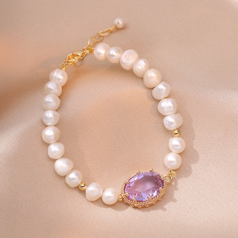 Bracciale di Perle d'Acqua Dolce Moda Zircone Viola Lega Placcata Oro Gioielli Eleganti Accessori a Mano con Perle Donna