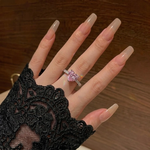 Süßes Herz Zirkonia Offener Ring Legierung Versilbert Rosa Kristall Verstellbarer Fingerring Für Damen Tägliche Schmuck