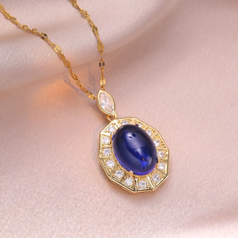 Collana Con Ciondolo Ottagonale Vintage Da Donna In Acciaio Inossidabile Con Zircone Ovale Blu Gioielli Eleganti