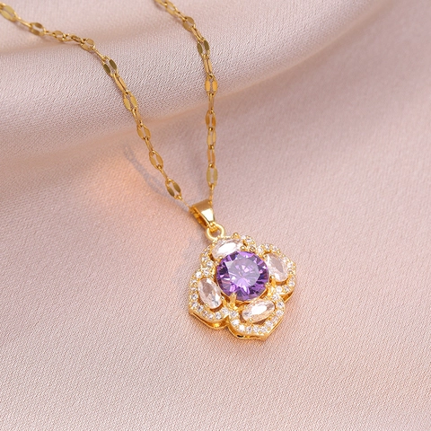 Collier Pendentif Fleur Boucles D'oreilles Zircone Violette Acier Titane Cuivre Bijoux Élégants Pour Femmes Filles Cadeau