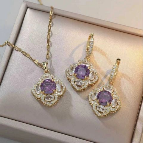 Floral Flower Pendant Necklace Earrings Purple Cubic Zirconia Titanium Steel Copper Elegant Jewelry For Women Girls Gift