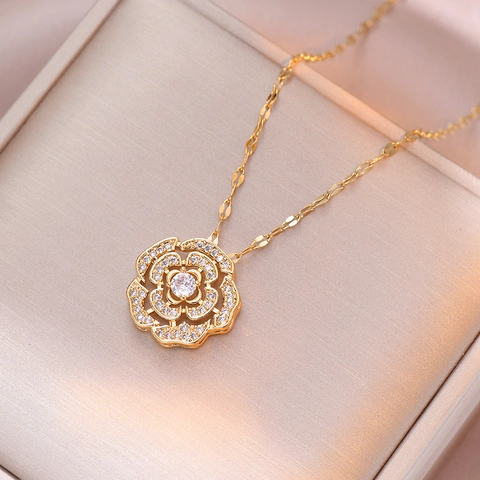 Collier Pendentif Fleur De Camélia Acier Inoxydable Zircon Incrusté Accessoire De Mode Bijoux Élégants Pour Femmes
