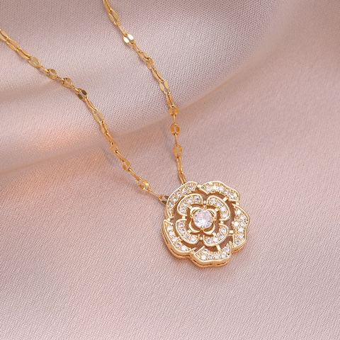 Collier Pendentif Fleur De Camélia Acier Inoxydable Zircon Incrusté Accessoire De Mode Bijoux Élégants Pour Femmes