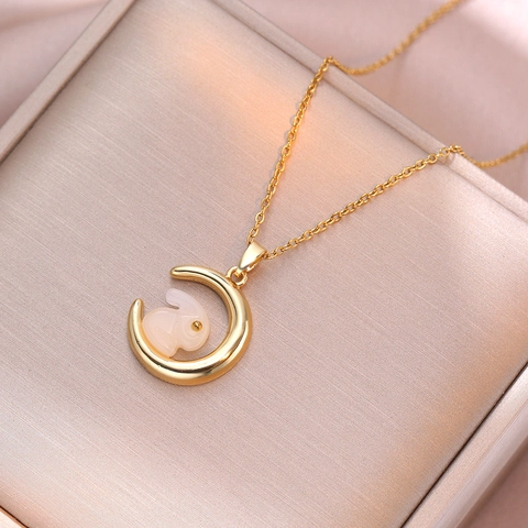 Collana Pendente Coniglio Chiaro Di Luna Acciaio Inossidabile Pietra Zircone Gioielli Eleganti Per Donne