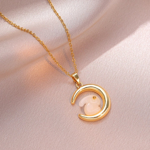 Collana Pendente Coniglio Chiaro Di Luna Acciaio Inossidabile Pietra Zircone Gioielli Eleganti Per Donne