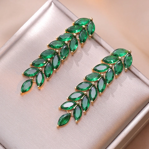 Emerald Green Zircon Leaf Dangle Earrings Marquise Cut Copper Long Drop Statement Jewelry For Women Forest Style