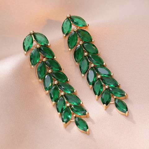Emerald Green Zircon Leaf Dangle Earrings Marquise Cut Copper Long Drop Statement Jewelry For Women Forest Style