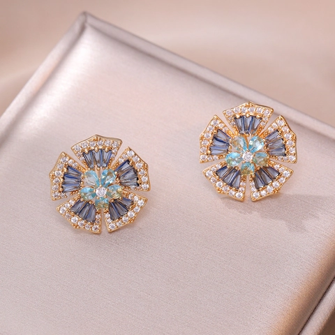 Flower Stud Earrings Copper Blue Clear Zircon Korean Style Elegant Minimalist Jewelry For Women Delicate Floral Design