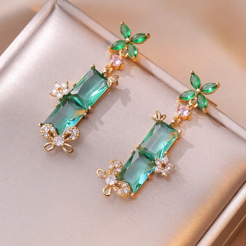 Pendientes Colgantes De Circón Verde Esmeralda Cobre Chapado En Oro Piedra Rectangular Trébol Flor Mariposa Vintage Elegante