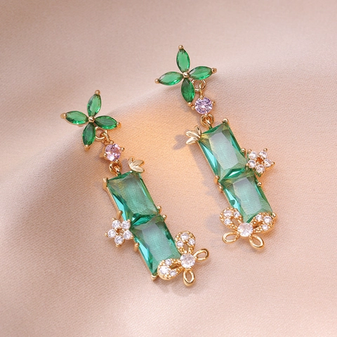 Pendientes Colgantes De Circón Verde Esmeralda Cobre Chapado En Oro Piedra Rectangular Trébol Flor Mariposa Vintage Elegante