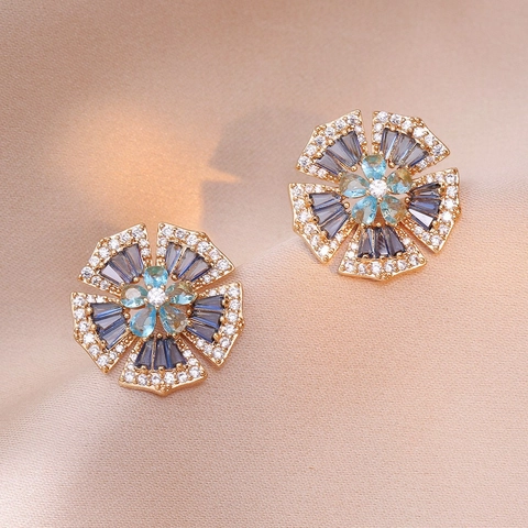 Flower Stud Earrings Copper Blue Clear Zircon Korean Style Elegant Minimalist Jewelry For Women Delicate Floral Design