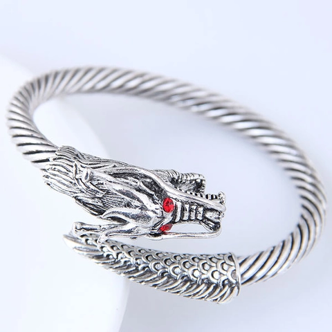 Brazalete De Dragón Aleación Retro Gótico Punk Cable Trenzado Abierto Ajustable Con Ojos De Circón Rojo
