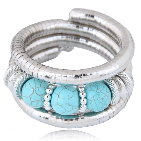 Bracciale Rigido A Spirale Multistrato Bohémien Lega Perline Di Turchese Sintetico Stile Etnico Vintage Per Donne