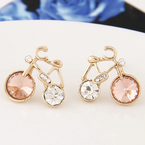 Creative Bicycle Shaped Stud Earrings Gold Color Alloy With Blue Czech Rhinestone Novelty Fashion Jewelry For Women