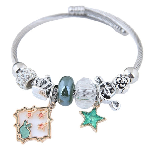 Bracciale Con Ciondoli In Lega Con Polsino In Filo D'Acciaio Coniglio Stella Nota Musicale Corona Perle Di Cristallo Per Donna
