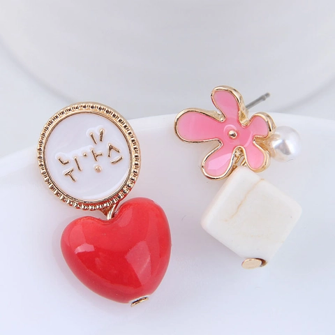 Orecchini A Lobo Asimmetrici Stile Coreano Lega Smalto Cuore Fiore Imitazione Perla Artificial Cubo Geometrico Gioielli Dolci Donna