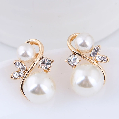 Boucles Doreilles Puces En Alliage Künstliche Perle Strass Elégante Courbe Géométrique Bijoux De Mode Pour Femmes Style Doux