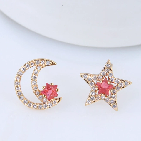 Korean Style Asymmetrical Stud Earrings Alloy Zircon Star Moon Design Elegant Sweet Jewelry For Women