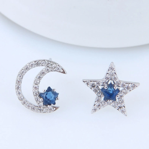 Korean Style Asymmetrical Stud Earrings Alloy Zircon Star Moon Design Elegant Sweet Jewelry For Women