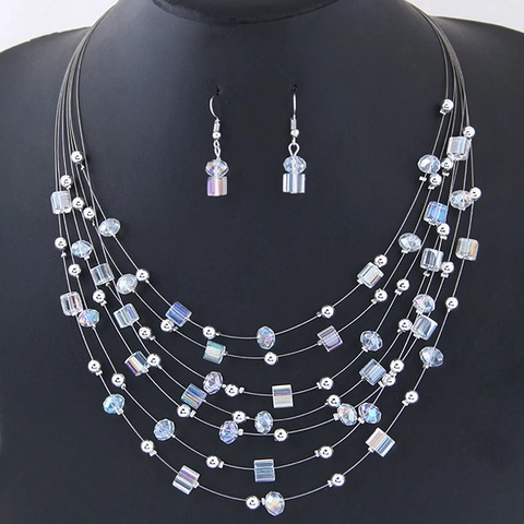 Collana Multistrato Boemia E Orecchini Lega Cristallo Perline Gioielli Di Moda Accessorio Per Donne