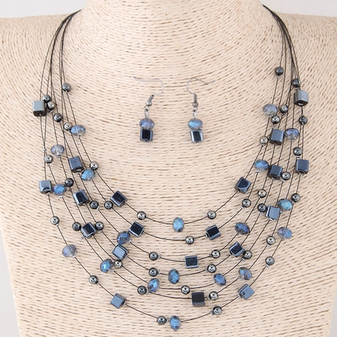 Bohemian Multi Layer Necklace And Earrings Alloy Crystal Beads Geometric Style Jewelry For Women