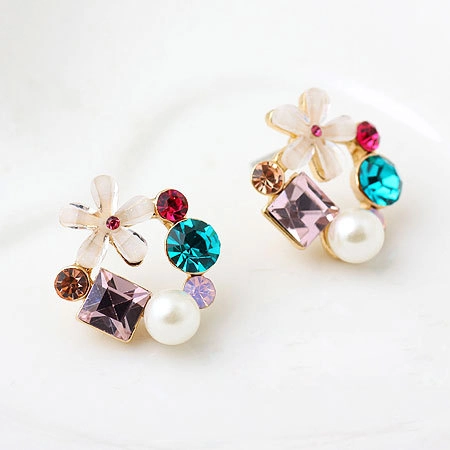 Bunte Strass Blumen Ohrstecker Für Damen Mit Künstliche Perle Und Kristall Legierung Retro Vintage Schmuck