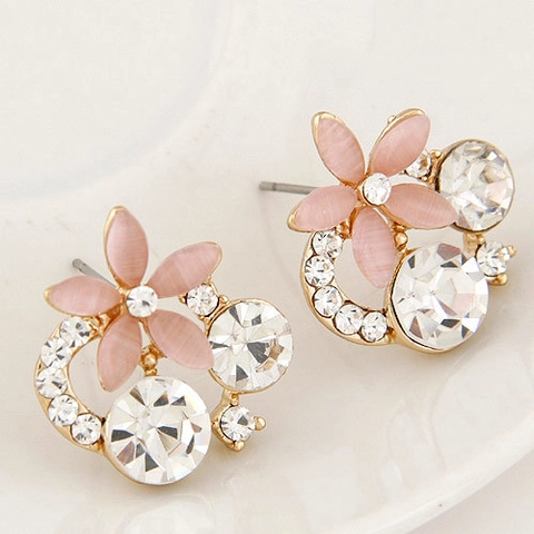 Elegant Flower Stud Earrings With Alloy Gold Tone Cat's Eye Stone And Sparkling Rhinestones Floral Jewelry For Women