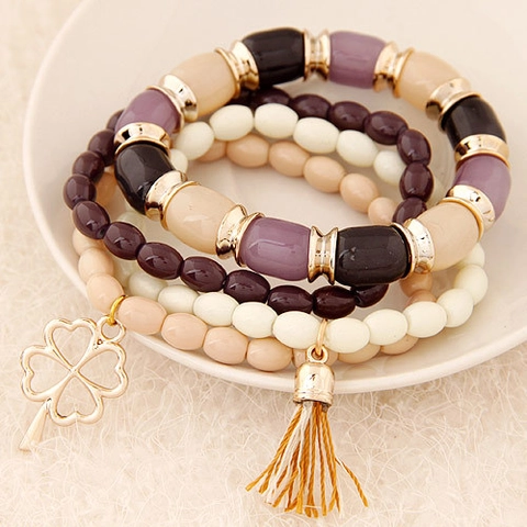 Multi-Layer Beaded Bracelets Alloy Resin Four-Leaf Clover Charm Tassel Bohemian Style Elegant Jewelry For Women