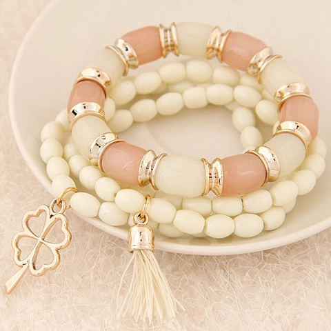Multi-Layer Beaded Bracelets Alloy Resin Four-Leaf Clover Charm Tassel Bohemian Style Elegant Jewelry For Women