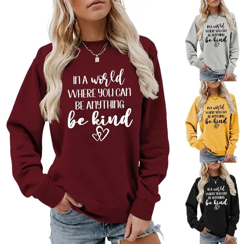 Damen Casual Rundhals Langarm Sweatshirt Baumwollmischung Locker Druck Pullover Be Kind Brief Grafik Mode Top