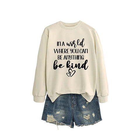 Damen Casual Rundhals Langarm Sweatshirt Baumwollmischung Locker Druck Pullover Be Kind Brief Grafik Mode Top