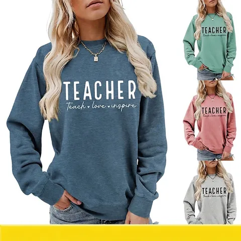 Sweatshirt Femme Imprimé Teacher Teach Love Inspire Mélange Coton Col Rond Manches Longues Pull Décontracté Mode