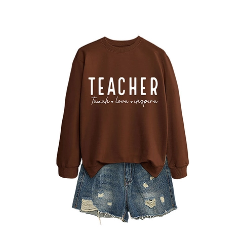 Sweatshirt Femme Imprimé Teacher Teach Love Inspire Mélange Coton Col Rond Manches Longues Pull Décontracté Mode
