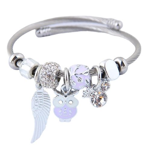 Charm Bangle Bracelet Alloy Steel Wire Owl Feather Wing Rhinestone Enamel Multiple Element Personal Accessories Women