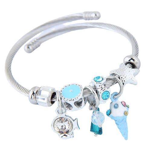 Adjustable Steel Wire Charm Bangle Alloy Ice Cream Fish Star Rhinestone Beads Fashion Jewelry Bracelet For Women