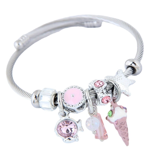 Adjustable Steel Wire Charm Bangle Alloy Ice Cream Fish Star Rhinestone Beads Fashion Jewelry Bracelet For Women